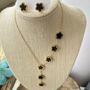 18K Gold Plated Floral Clover Y Lariat Elegant Necklace Set stainless steel